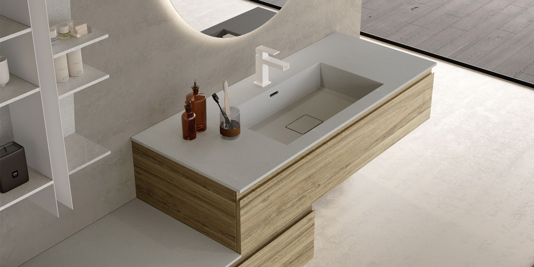 Wood vanity with white countertop