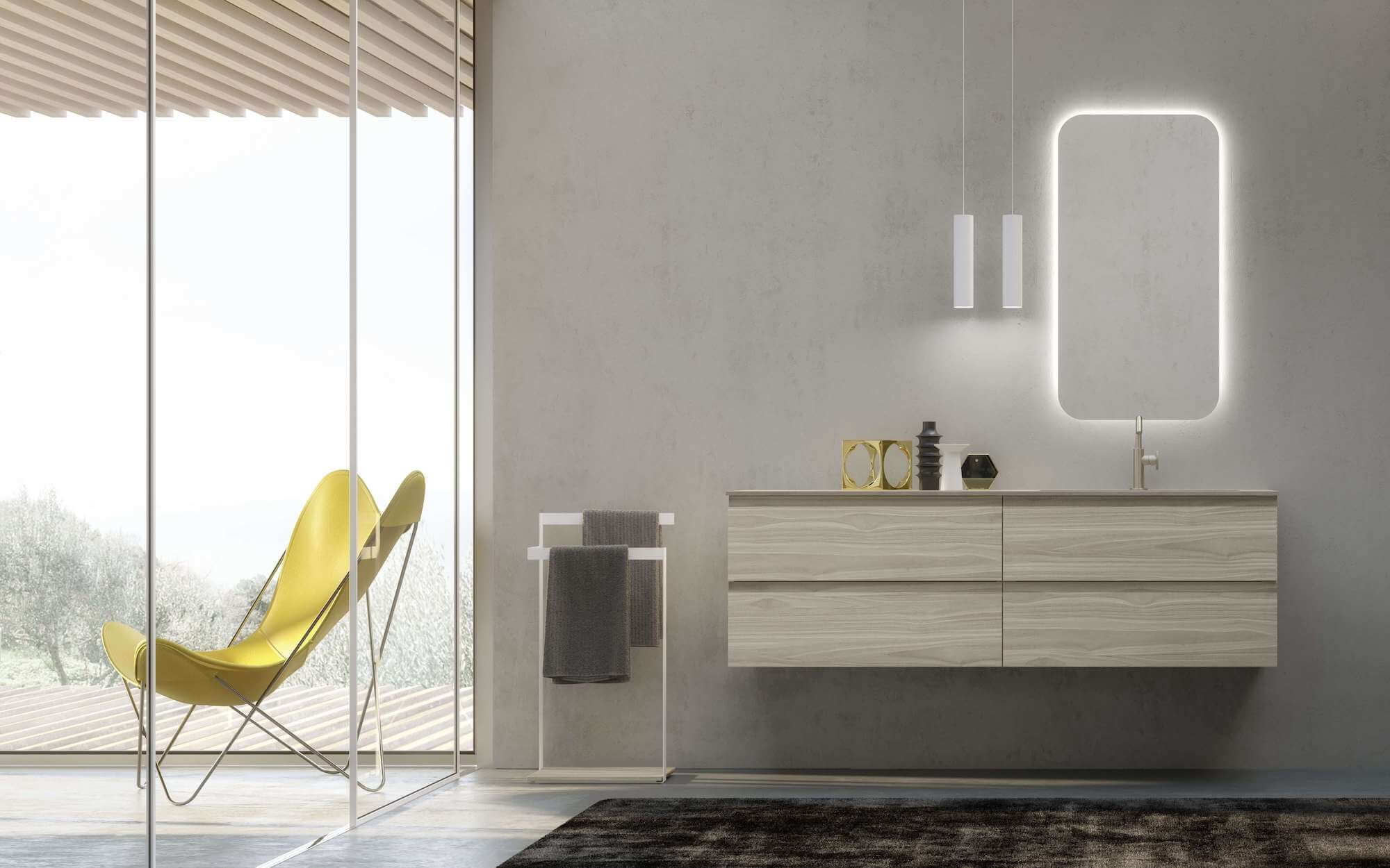 luxury bathroom with vanity and freestanding towel rack