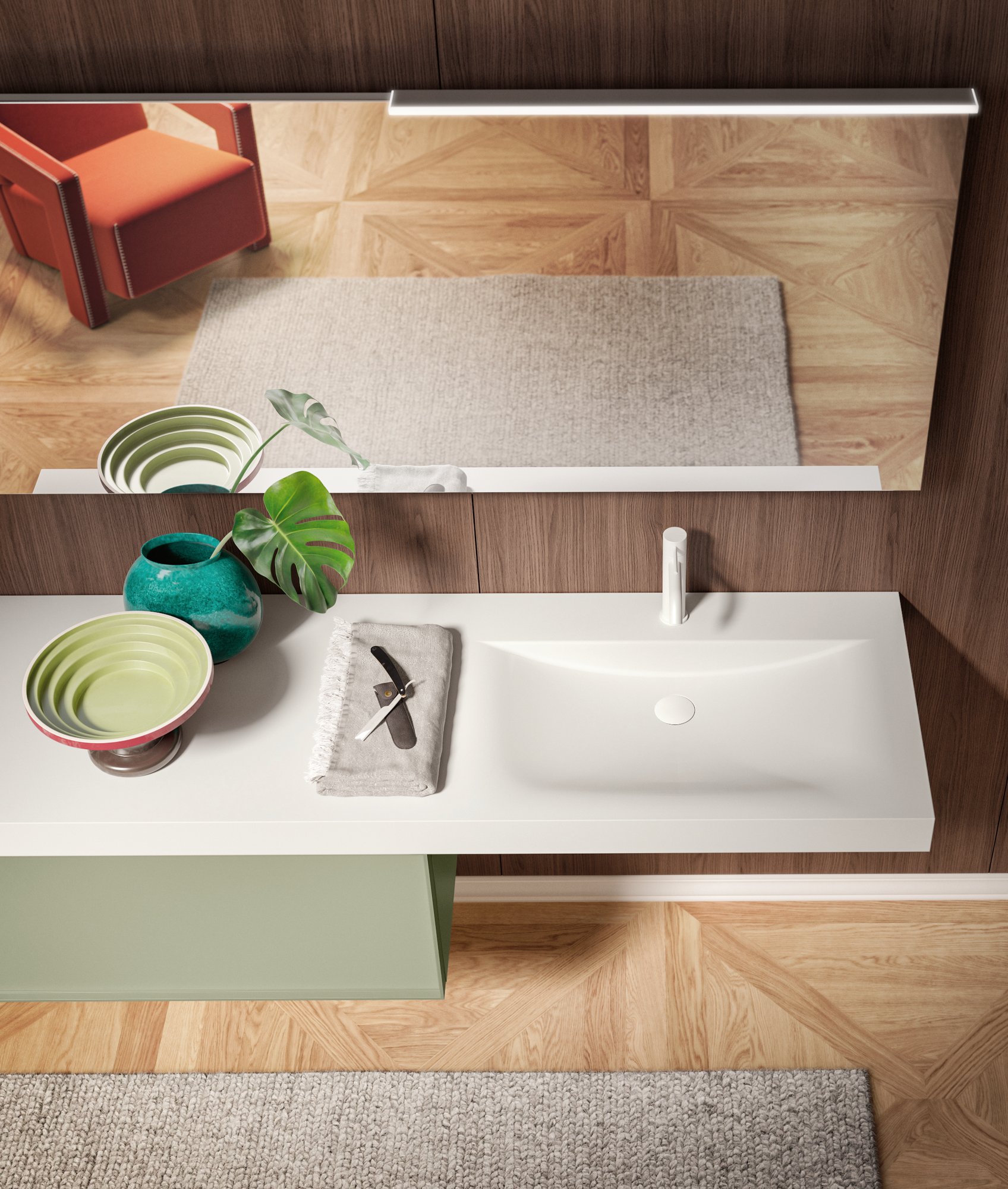 White bathroom countertop with lower storage cabinet in green