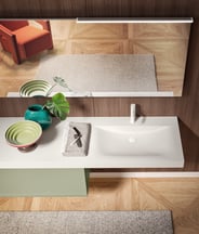 White bathroom countertop with lower storage cabinet in green
