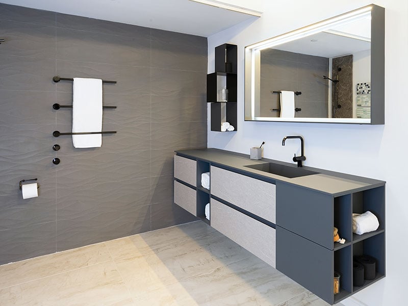 A Fenix countertop featured in a luxury bathroom