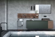 A green Fenix countertop and matching green Urban cabinet with wood-look accents