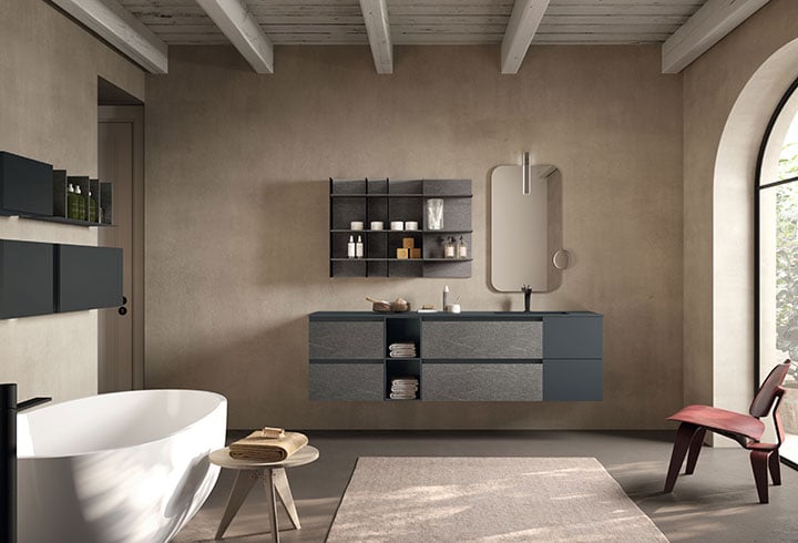 Panorama of a luxury bathroom with an Urban vanity and Fenix countertop