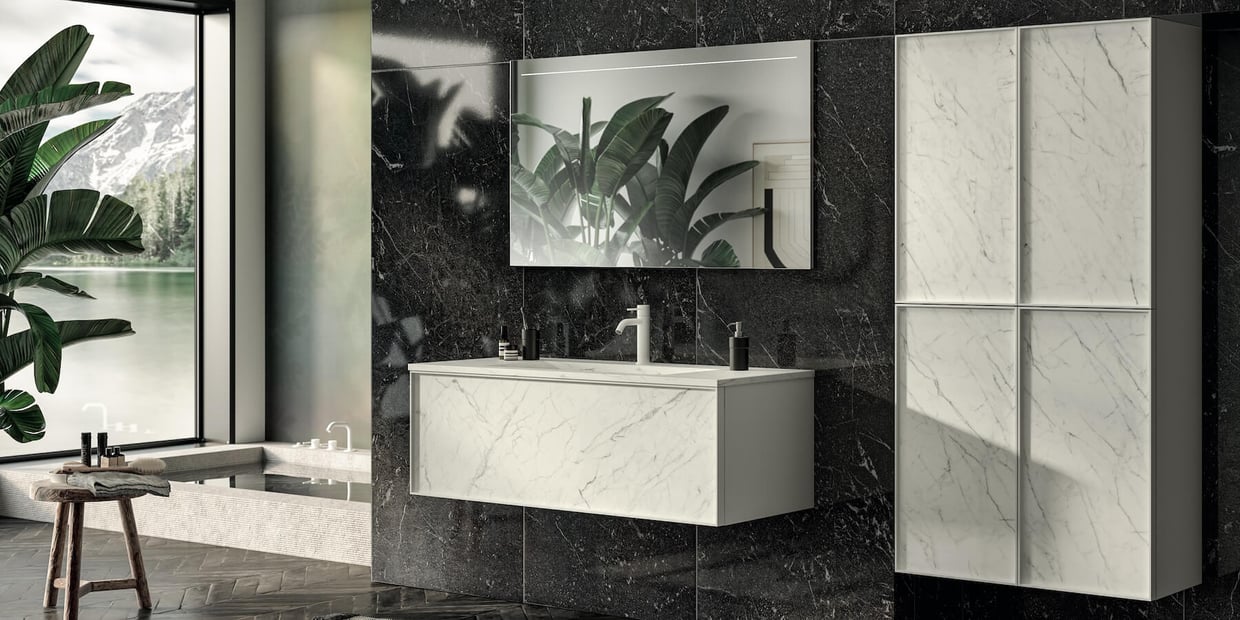 Marble-look luxury bathroom vanity and wall storage cabinet