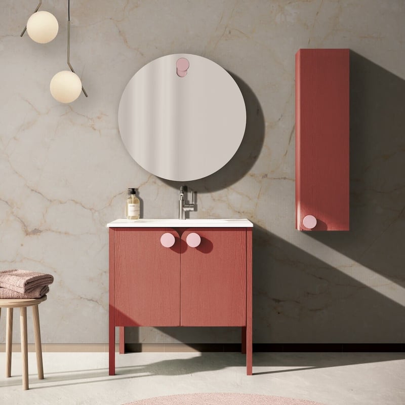 Unique custom color bathroom vanity with matching storage and mirror options
