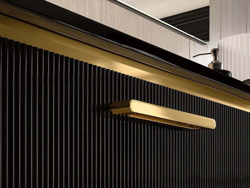 Black bathroom vanity with gold accents