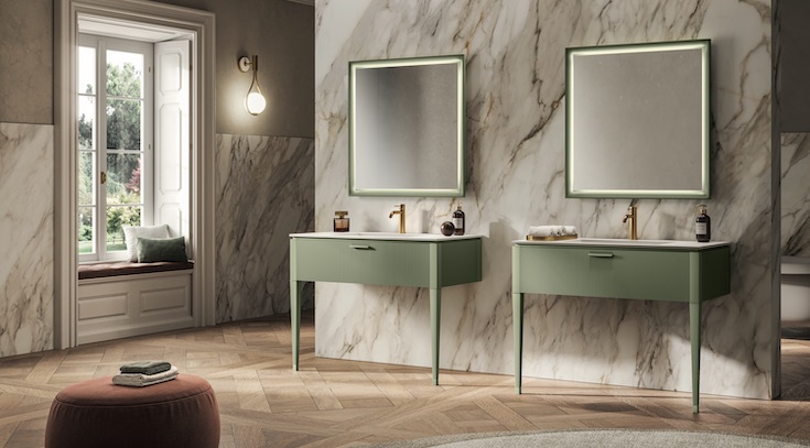 Two matching Lamé bathroom vanities in green
