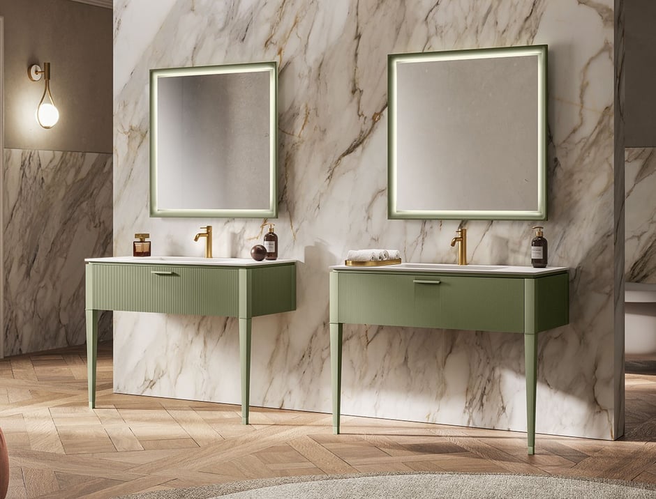 Green bathroom vanities with two front legs and coordinating mirrors