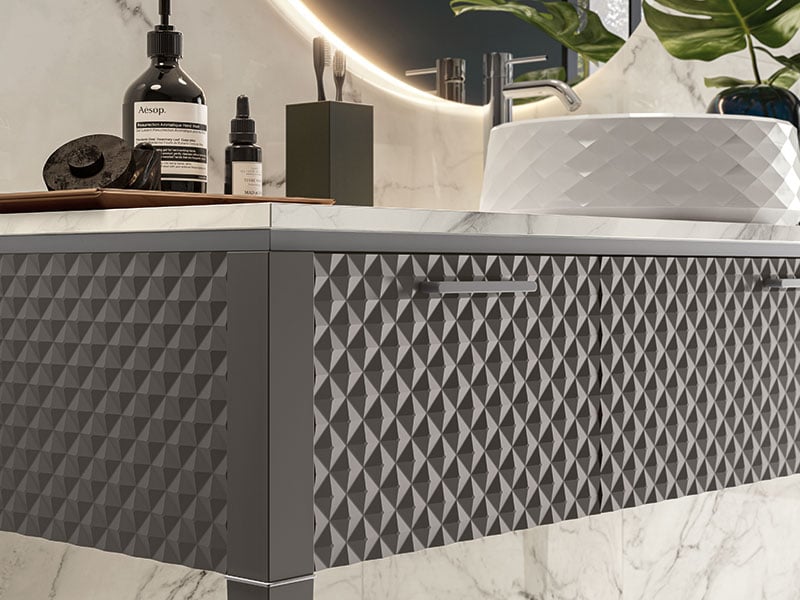 Lamè bathroom vanity with matching pattern side panel and cabinet front