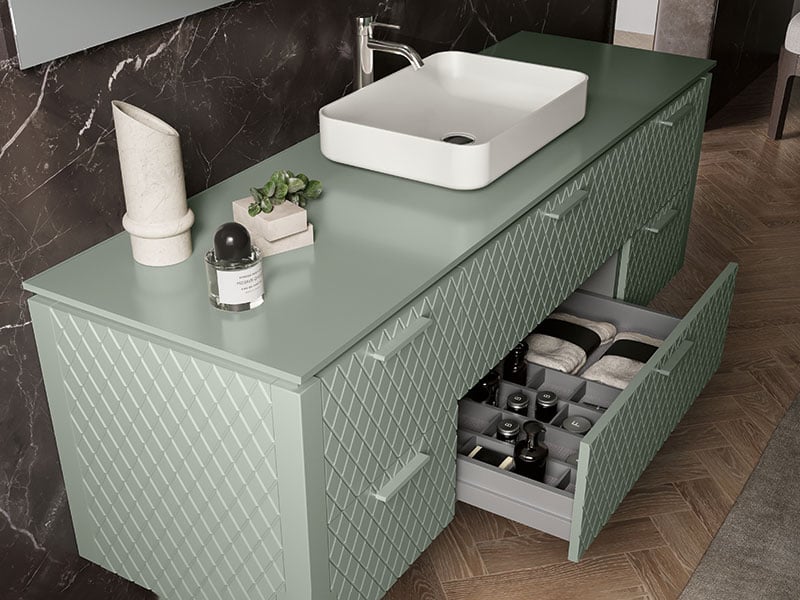 Lame bathroom vanity with Oxford relief pattern