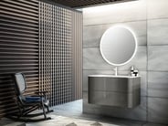 Gray wall-mount bathroom vanity with wavy drawer fronts