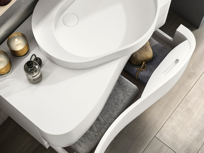 Onda vanity with drawer pulled open
