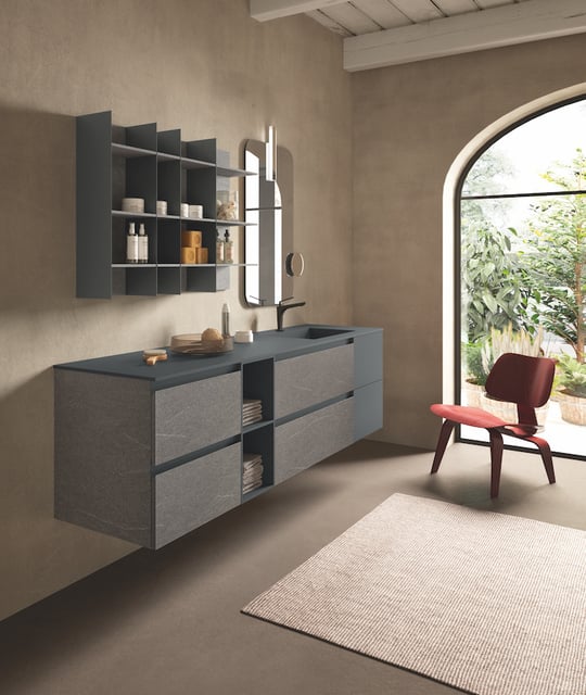 Urban duplex vanity with coordinating wall storage