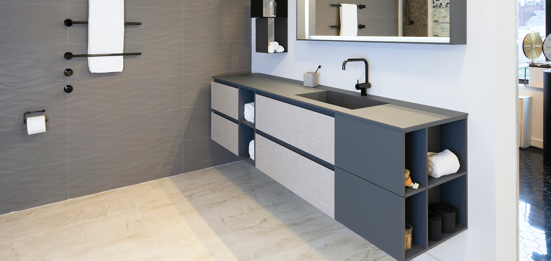 Urban Duplex bathroom vanity with open side shelf and VOLA towel warmer