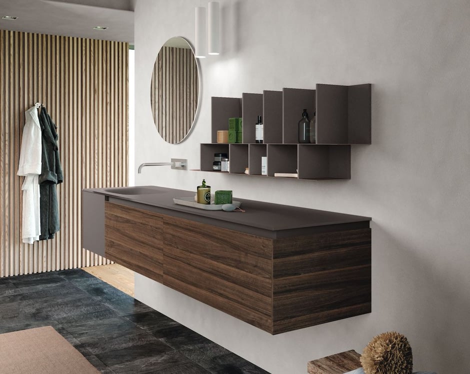 Dark wood-look modern bathroom vanity 