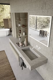 Urban HPL bathroom countertop with open wall storage