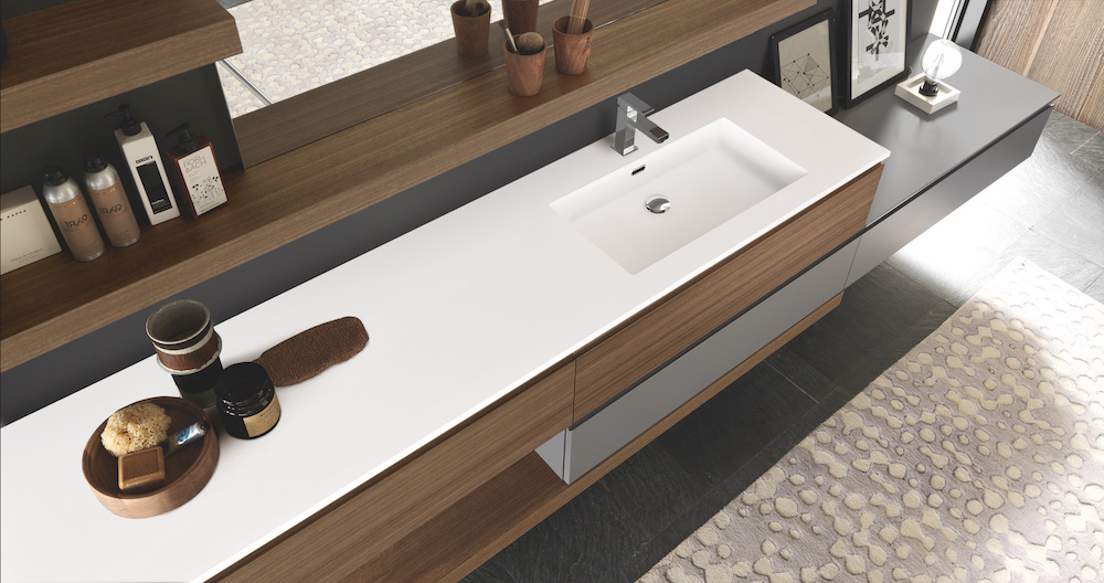 Rectangular integrated basin in white bathroom countertop