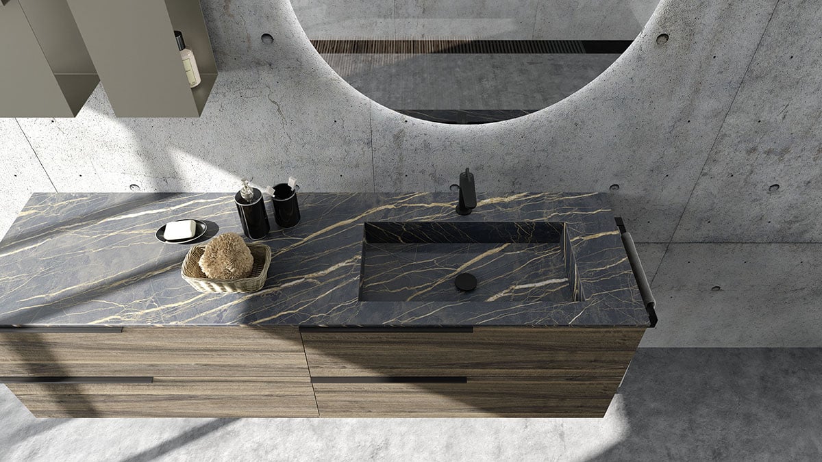 Urban Standard Height wood-look vanity with marble-look countertop