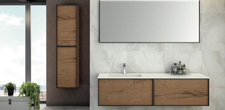 Class wall-mount vanity and storage in wood