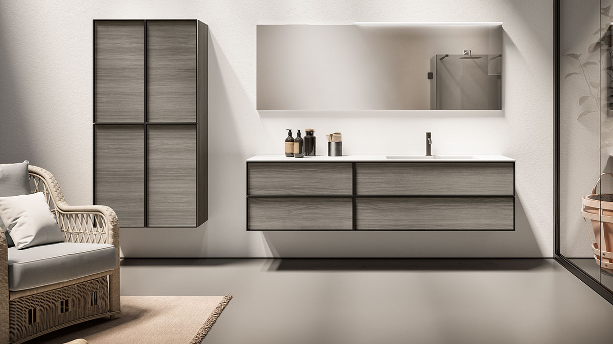 Light grey wood modern bathroom vanity and storage cabinet