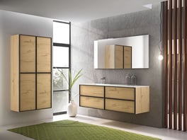 Wood-look bathroom wall storage and modern bathroom vanity