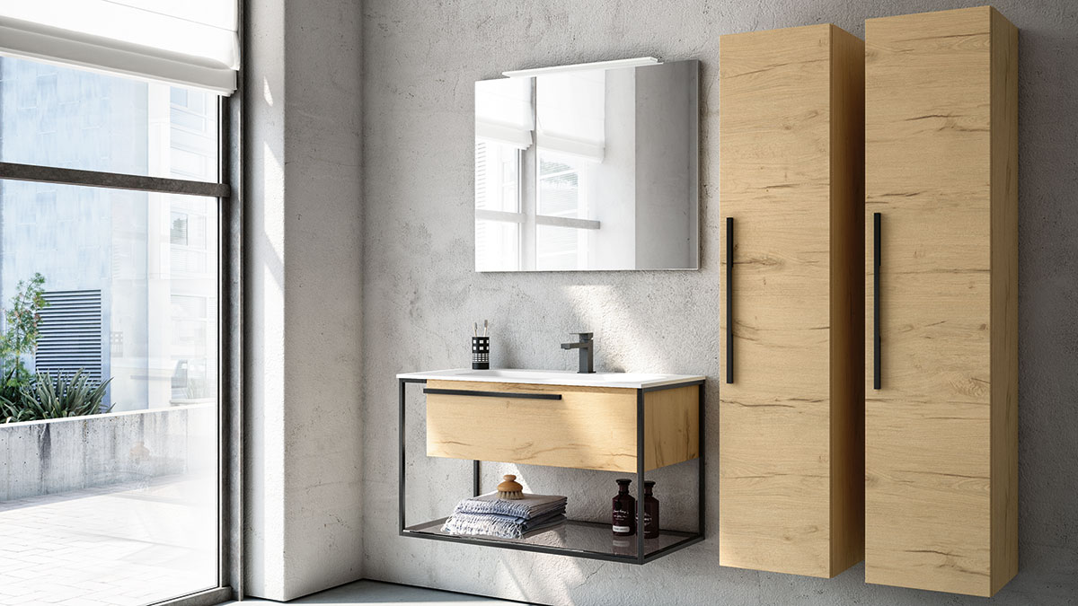 Wall-mount bathroom vanity and matching wall storage