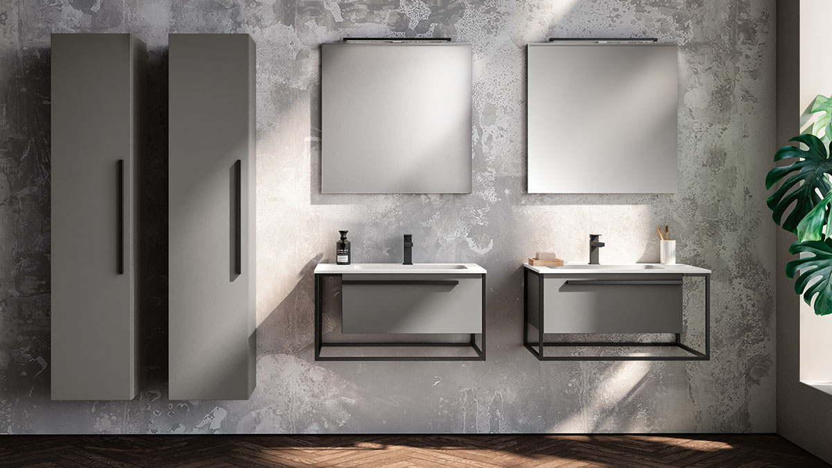 Two wall-mount vanities with two coordinating storage cabinets