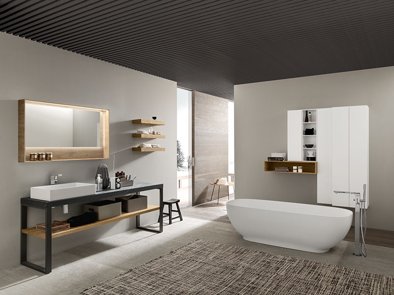 Modern bathroom storage above freestanding bathtub