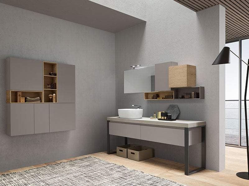 Urban legstand vanity with closed and open wall storage