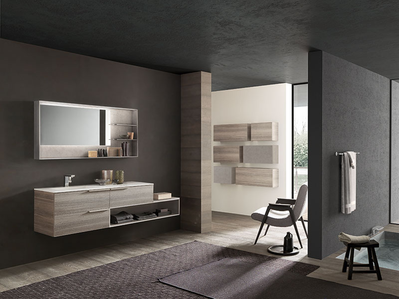 Coordinating vanity and luxury bathroom mirror with shelves