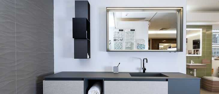Urban framed mirror above Urban Duplex bathroom vanity