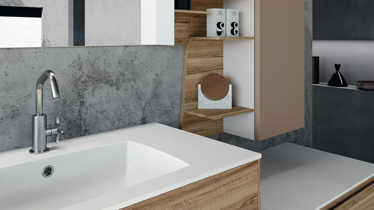 solid-surface bathroom countertop and kros storage