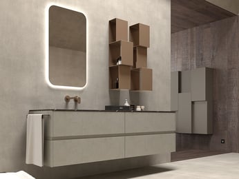Urban metal cubes above wall-mount modern bathroom vanity