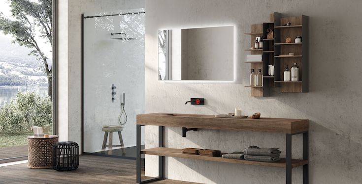 Open wall shelving and vanity storage in luxury bathroom