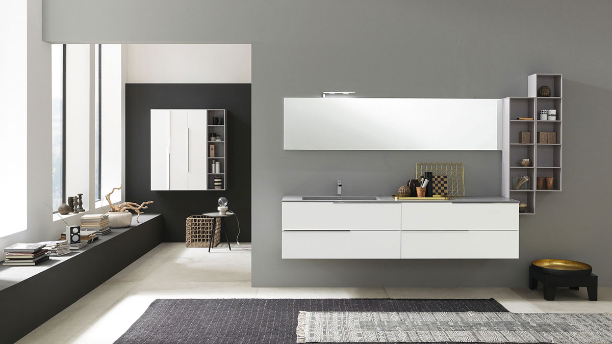 Modern bathroom with white vanity and wall storage