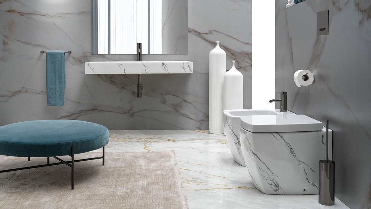 White marble wall-mount basin in luxury bathroom