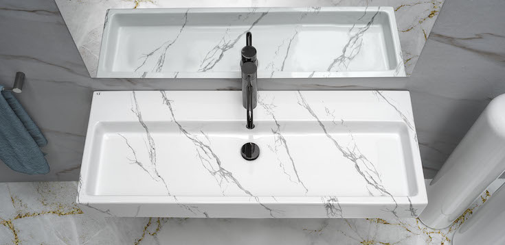Tank 110 bathroom basin in white marble-look finish