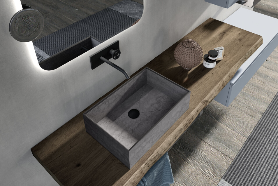 Modo grey vessel sink on rough-cut oak bathroom countertop