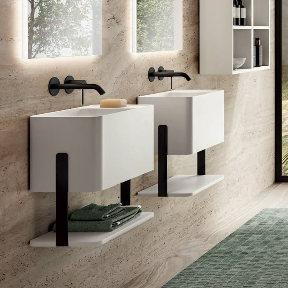 Wall mount basin with integrated lower shelf