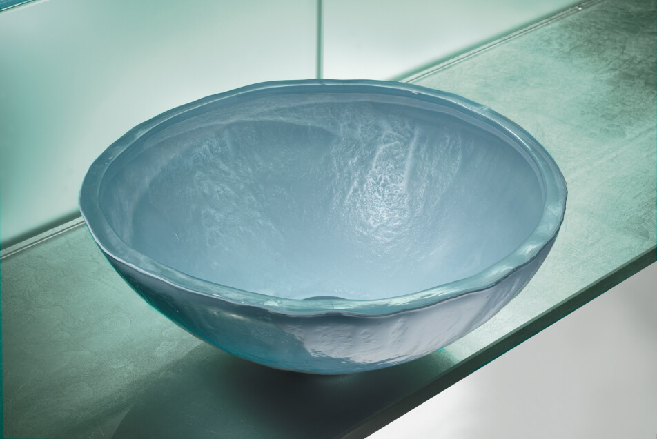 Translucent blue glass vessel sink
