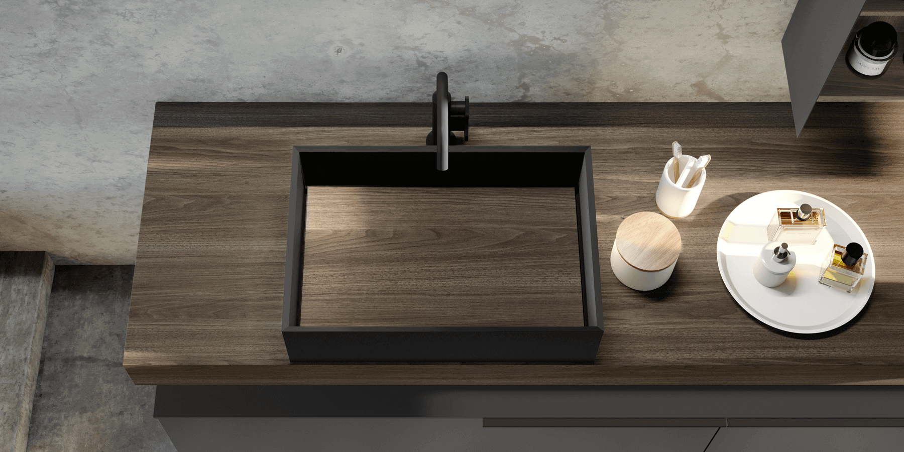 Wood-look countertop with black vessel sink