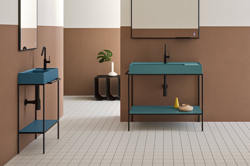 two blue bathroom consoles with lower shelf
