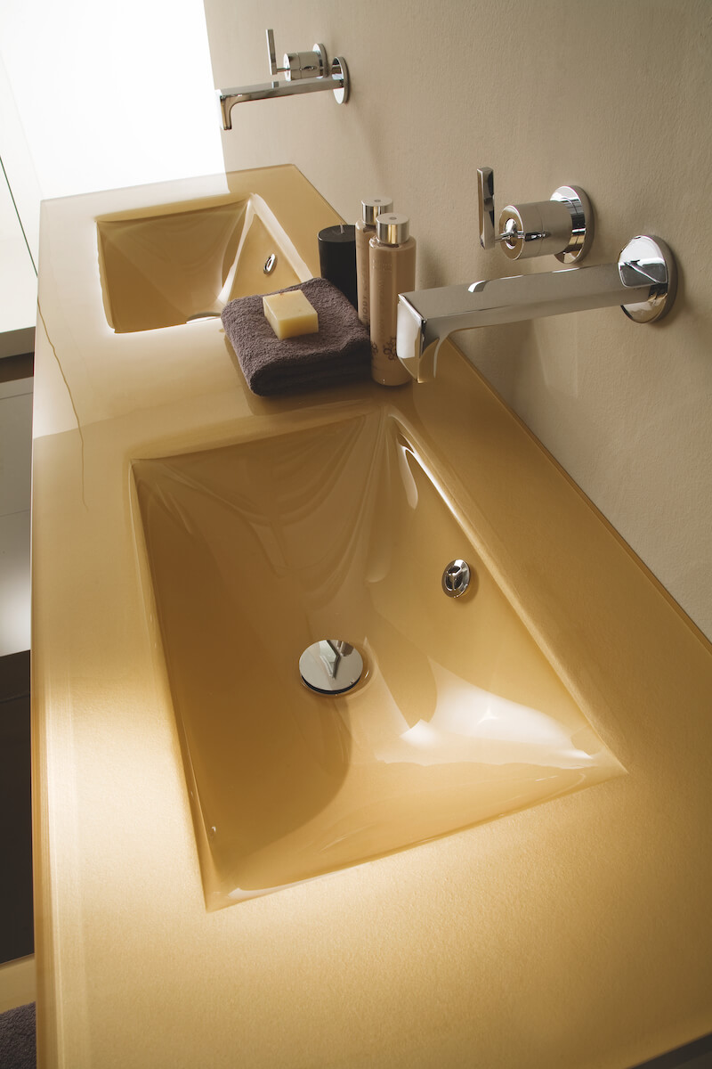 double basin glass bathroom countertop in gold