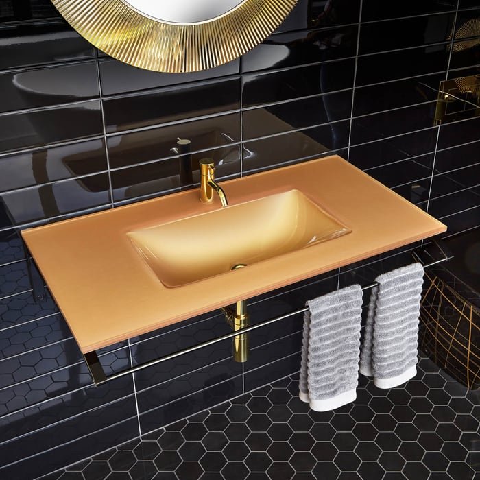 Cristallo gold glass bathroom countertop with towel rail