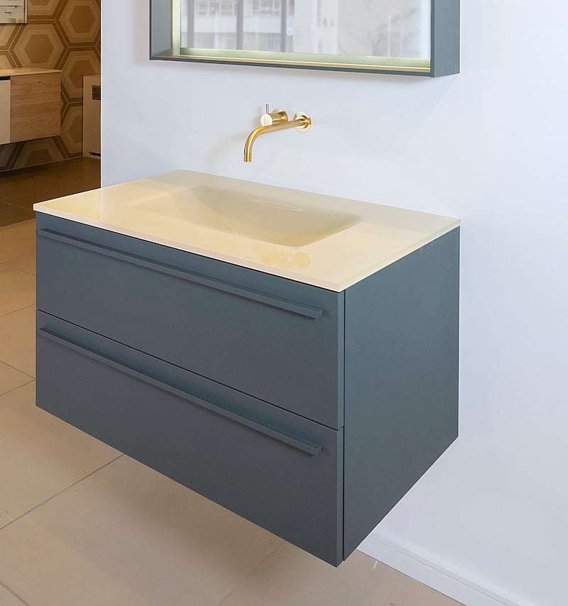 Two-drawer bathroom vanity with glass countertop