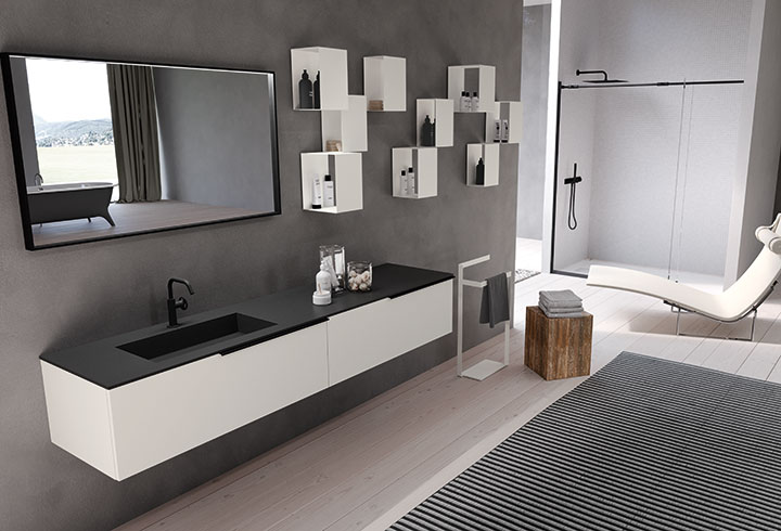 Modern bathroom with white vanity and black countertop