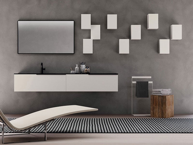 Modern bathroom with cube wall storage and coordinating vanity and mirror