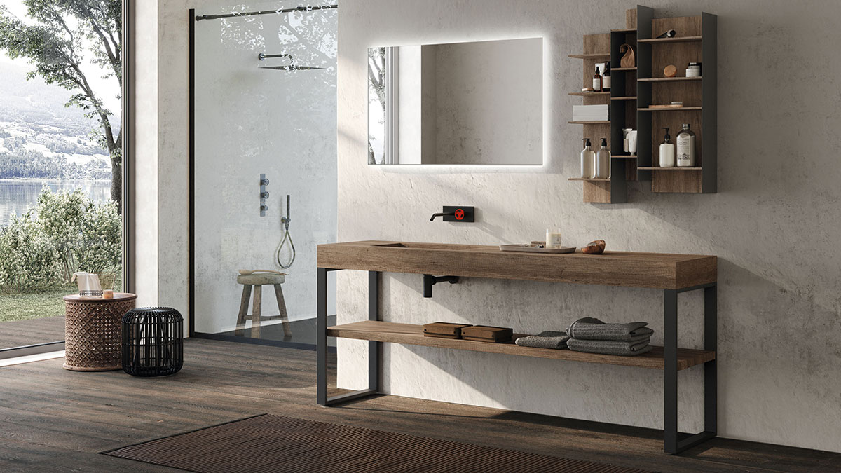 A wood-grained HPL bathroom countertop in a luxury bathroom