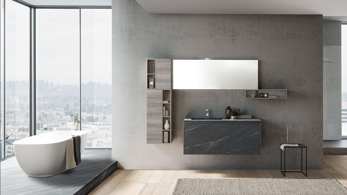 HPL black and gray vanity in a modern luxury bathroom in a high-rise building