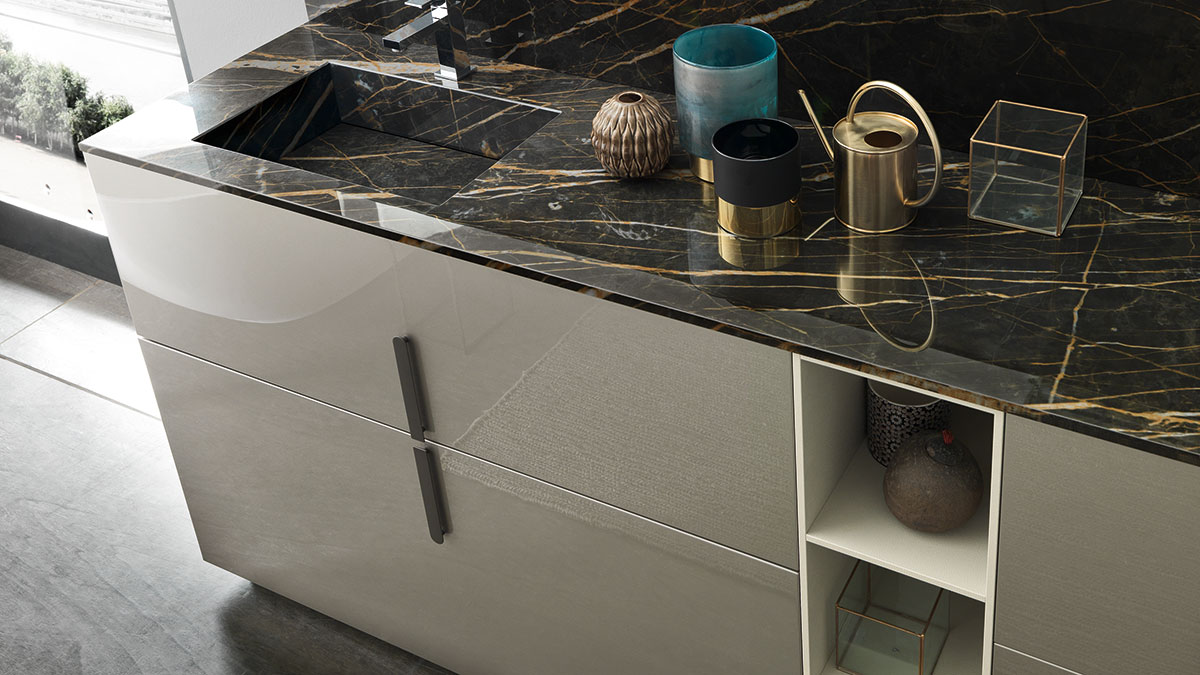 A black and gold marble-look porcelain countertop on an Urban vanity
